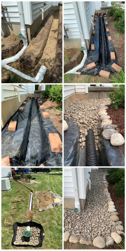 DIY drainage ideas for the exterior of a house, landscape, and yard. How to install a french drain, dry well, underground downspout, sump pump discharge pipe, gutter water, foundation drains, catch basins, and more drainage solutions.